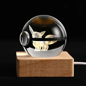 JY yeni varış kristal top 3d lazer engravd özel cam küre led ahşap taban dekorasyon topu ile