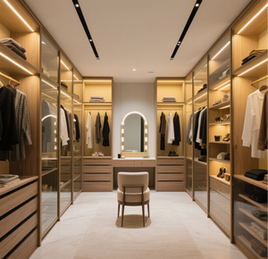 Armoires <span class=keywords><strong>de</strong></span> rangement modernes en bois avec portes en verre et lumières intégrées Rangement des vêtements pour le salon <span class=keywords><strong>de</strong></span> l'atelier - Product Image 1