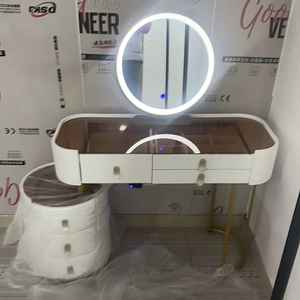 Table de maquillage de luxe <span class=keywords><strong>en</strong></span> dalle de roche grise pour chambre à coucher, avec miroir rond éclairé par LED et grand tiroir de rangement, ensemble coiffeuse - Product Image 4