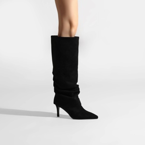 Bottes hautes noires en daim à bout pointu et talon aiguille pour femme, style décontracté à enfiler, collection automne/hiver - Product Image 1