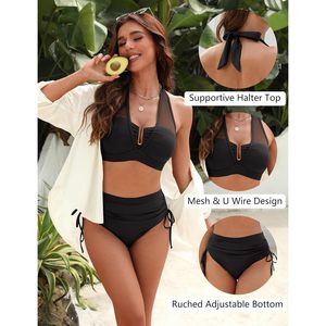 Conjunto de bikini de cintura alta para mujer, traje de baño de 2 piezas con control de abdomen y malla, estilo halter - Product Image 4
