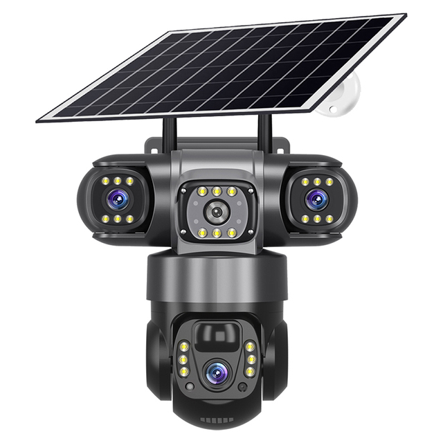 V380 4G Solar Camera Triple Lens CCTV Camera 6MP Resolution 2 Way Audio Intercom Cloud Storage Motion Detection IP66 Waterproof