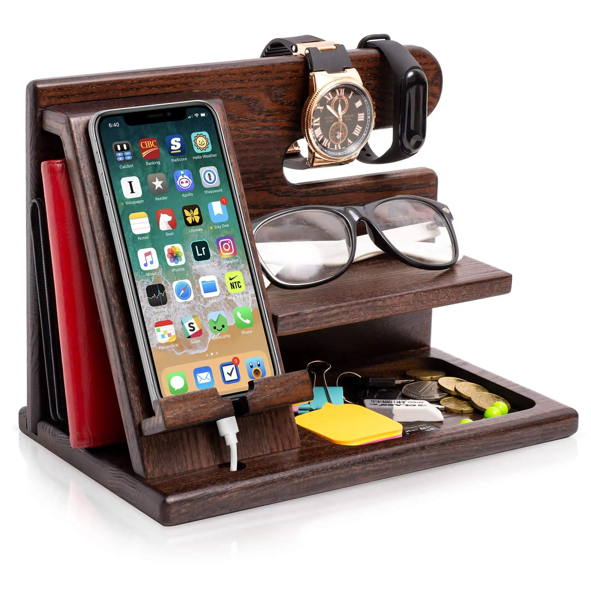 In Stock Multifunctional Wooden Desk Organizer with Docking Stand Wood Phone Docking Station Key Holder Stand Watch Organizer