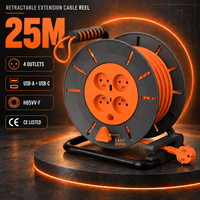 Enrouleur de câble d'alimentation Linsheng 25m H05VV-F homologué CE, rallonge rétractable 4 prises avec ports de charge USB pour usage intérieur