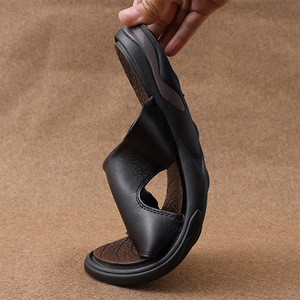 Men's First Layer Cowhide Leather <b>Slides</b> Open Toe Rubber Outsole Anti <b>Slip</b> Summer Casual Sandals - Product Image 3