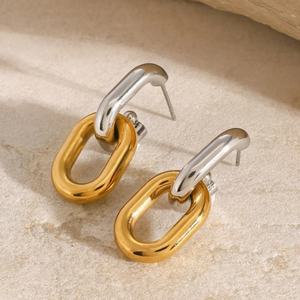 ต่างหูห่วงสเตนเลสสตีลชุบทอง 18k สไตล์เรโทร วินเทจร่วมสมัย ดีไซน์โซ่สองสีพร้อมลวดลายเรขาคณิต - Product Image 3