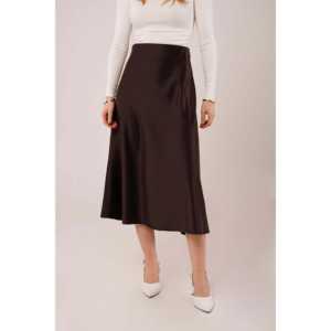 Falda Midi de Satén Marrón en Forma de Campana, Estilo Cruzado con Cintura Imperio, Lisa, con Cintura Natural, Talla XS para la Temporada de Verano - Product Image 5