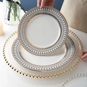 Ensemble d'assiettes à vaisselle en céramique blanche nordique Assiettes Porcelaine Blanc Mariage Fête de mariage Porcelaine Bone China Gold Rim Plates