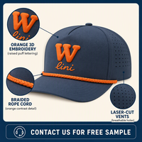 Casquette de baseball ajustable personnalisée bleu ardoise avec cordon tressé, broderie 3D orange, 5 panneaux, vente en gros OEM, faible MOQ