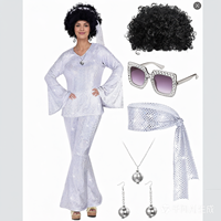 Costume disco des années 70 pour femmes, ensemble pantalon pattes d'éléphant métallisé scintillant avec perruque afro, lunettes, tenue rétro pour fête d'Halloween