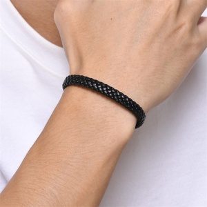 Fashion Minimalist High End Jewelry <b>Mens</b> Stainless Steel Button Black Leather Bracelets - Product Image 3
