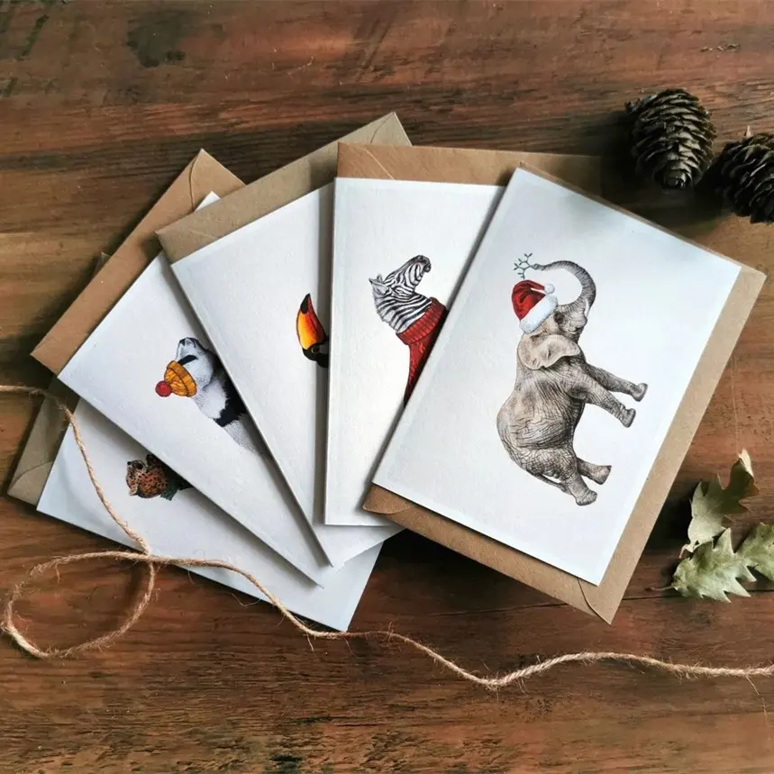 Stampa personalizzata Set di 5 carte di natale carte di animali di natale con busta Kraft