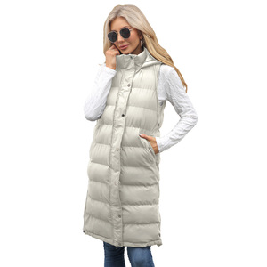 <span class=keywords><strong>Gilet</strong></span> <span class=keywords><strong>long</strong></span> matelassé à capuche pour <span class=keywords><strong>femme</strong></span>, couleur unie, fermeture éclair, boutons-pression, sans manches, en coton rembourré, vêtement d'extérieur - Product Image 2