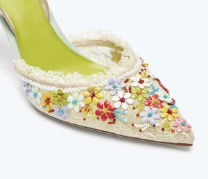 性感珍珠多色花朵水晶绽放凉鞋新娘鞋蕾丝3D花卉刺绣水钻鞋跟婚礼凉鞋 - Product Image 2