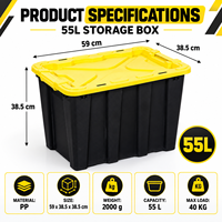 Boîte de rangement en plastique PP 55L, logo personnalisé, vente en gros, bac organisateur pour garage et entrepôt