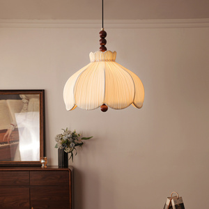Lustre artisanal à pampilles en <span class=keywords><strong>tissu</strong></span> plissé, triple <span class=keywords><strong>boule</strong></span> de bois, style rétro Wabi-sabi, lampe suspendue en forme de fleur pour crème française - Product Image 5