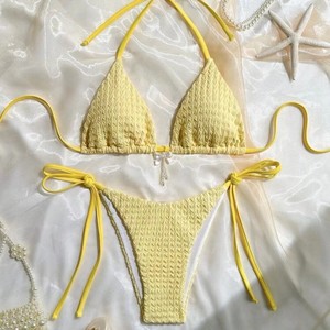 Women Yellow <b>Bikini</b> <b>Set</b> Crossed Halter Lace Up Swimming Wear 2 Piece - Product Image 1