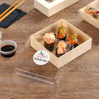 Boîte à sushi carrée en bois jetable avec couvercle en acrylique, motif bois, pour emporter, boîte à saumon