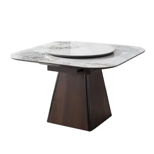 Mesa de jantar luxuosa trapezoidal com base em madeira maciça, mesa de jantar retangular extensível quadrada em mármore e ardósia