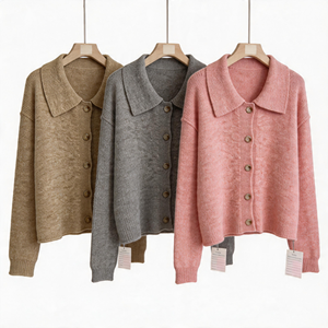 Cardigan en maille texturée pour femme, col à revers, couleur kaki uni, boutonnage frontal, poignets et ourlet côtelés, coupe ample, style décontracté - Product Image 2