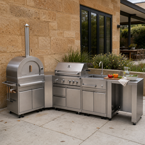 Cucina Esterna Modulare a L in Acciaio Inossidabile Stile Americano con Forno Pizza per Patio e Barbecue - Product Image 1