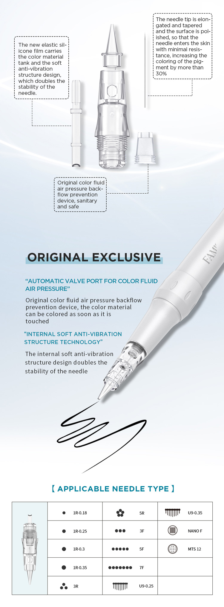 FAMISOO L3 Permanent Makeup Cartridge Needle with Membrane Backflow Prevent for Pmu Machine use
