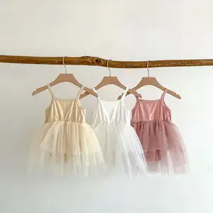 Ropa de verano 2024 para niña pequeña, cuello cuadrado sin mangas, mono de malla de Color sólido, mono de princesa, mono tutú para bebé