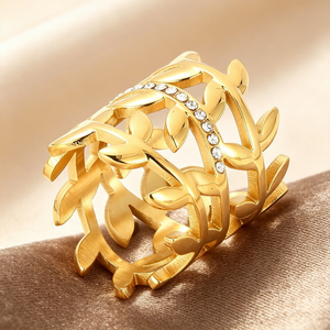 Fashion Ladies Wide Band Leaf Finger <b>Ring</b> Gold & Silver Two Color Options Multi‑Layer Hollow Botanical <b>Crystal</b> Set Stainless - Product Image 1