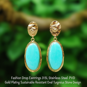 Fashion Drop Earrings 316L Stainless Steel PVD Gold Plating Sustainable Resistant Oval Turquoise Stone Design - Product Image 3