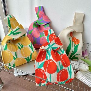 Sac fourre-tout en tricot miniature à nœuds japonais, motif floral, crocheté, sac à main en tricot pour femmes - Product Image 2