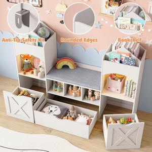 Étagère à livres pour enfants, coin lecture, rangement pour jouets, étagère de rangement avec coussin de siège, lumières LED et tiroirs mobiles pour salle de jeux - Product Image 4