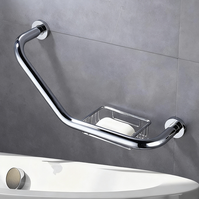 135° Safety Grab Bars Heavy Metal Door Industrial Pipe Victorian Hospital Elevator Corridor Bathroom Handrails with Soap Tray