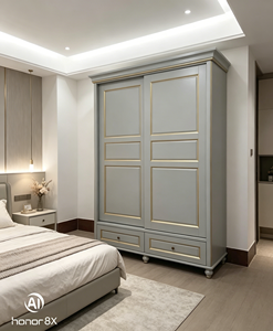 Elegante Armario de Madera Maciza con Puerta Corredera e Incrustaciones Doradas, Armario con 2 Cajones y Patas de Espiga para Almacenamiento de Ropa en Dormitorios Rústicos - Product Image 4