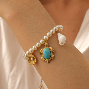 Pearl Necklace With Gold Plated Marine Life Charms Turtle Dolphin Shell Pendant Everyday Wear Jewelry - Product Image 3