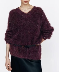 Custom <strong>Women's</strong> Cashmere Blend Sweater Deep Purple <strong>Sparkly</strong> Sequin V-Neck Fuzzy Knitted Pullover Fluffy Warm Loose <strong>Jumper</strong> Top - Product Image 1