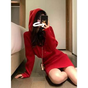 Abito Maglione Rosso Vintage con Cappuccio e Mezza Zip, Antistatico, Elegante e Retrò per <span class=keywords><strong>Capodanno</strong></span> - Product Image 3