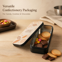 Boîte en étain rectangulaire personnalisée avec couvercle à charnière pour bonbons, chocolats, biscuits, thé et emballages cadeaux sucrés OEM