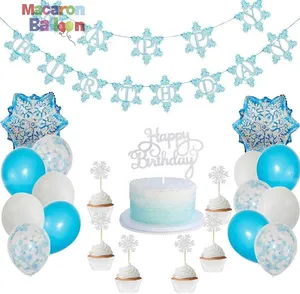 Globos de confeti blanco y azul Nieves, cartel de Feliz cumpleaños de Frozen, pastel, magdalenas, papel de aluminio, KK785