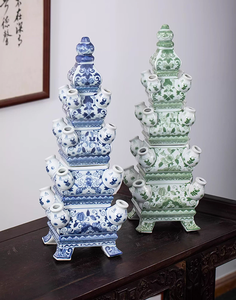 Traditionnel chinois <span class=keywords><strong>Art</strong></span> déco <span class=keywords><strong>porcelaine</strong></span> pagode tulipe Vase vert blanc décor à la maison Vase de table - Product Image 3