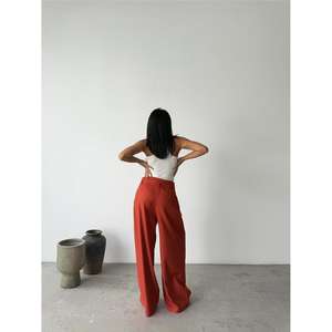 Pantalon palazzo à jambes larges, taille haute, en tissu crêpe, infroissable, couleur terre cuite, pour femmes - Product Image 1