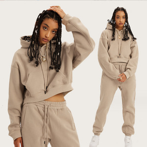 New Arrival Winter Autumn Cropped Breathable Lined Hoodie Sweatshirt Jogger Sets Women Long Sleeve Workout Crop Top Hoodie - Product Image 4