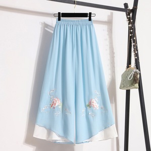 Chinese Style Chiffon Wide Leg Pants Women Light Blue White Embroidered Long Pants Traditional Ethnic Zen Yoga Tea Dress Skirt - Product Image 3
