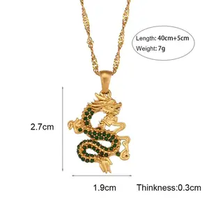 Vintage 18K Gold Plated Chinese Dragon Micro Pave Zircon Pendant Necklace 316L Stainless Steel Necklace