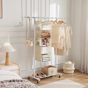5 <b>Shelf</b> Hanging Closet Organizer Beige Foldable With Side Pockets For Bedroom Storage - Product Image 2