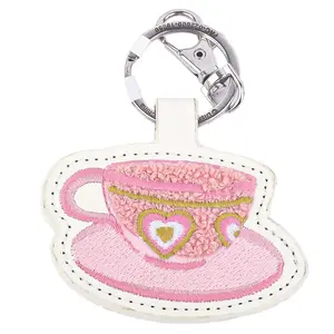 Coffee Key Chain Wholesale Custom Pink Embroidery Cartoon Logo Holder Cute PU Leather Keychain Charms for Woman Girl