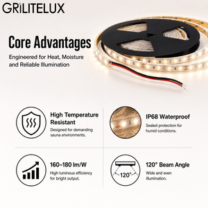 <b>LED</b> <b>Strip</b> Light SMD3030 DC24V 80LEDs/m IP68 110°C Heat Resistant 9.6W <b>Warm</b> <b>White</b> Flexible Profile for Sauna Rooms - Product Image 4