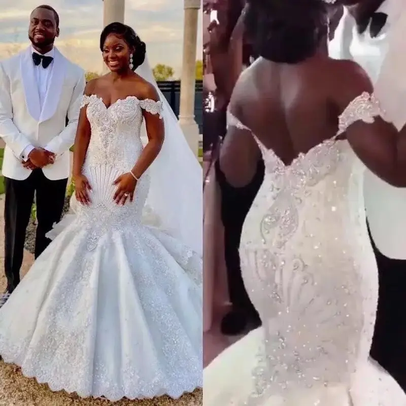 2024 वेस्टिडो डी नोइवा शादी के कपड़े जलपरी गाउन गर्भवती महिला सेक्सी वी नेक लक्जरी शादी की पोशाक मनके अफ्रीकी दुल्हन गाउन