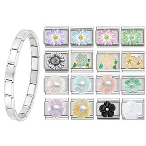 Flower Charm Bracelet <b>Set</b> Zinc Alloy Unisex Modular Jewelry Gift Bezel Setting Geometric Design - Product Image 1