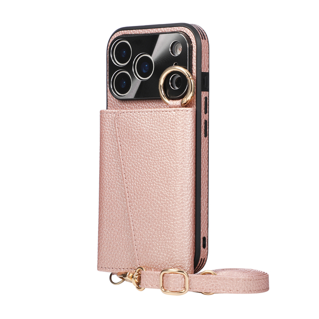 PU Leather Wallet Phone Case with Card Holder Mirror Detachable Ring Holder Anti-Fall Shoulder Strap for iPhone 16 17 Series