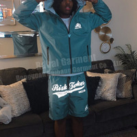 Streetwear personnalisé avec fermeture à glissière Jogger en polyester réfléchissant Survêtement Veste à capuche coupe-vent en nylon Ensemble short de jogging Survêtement pour hommes